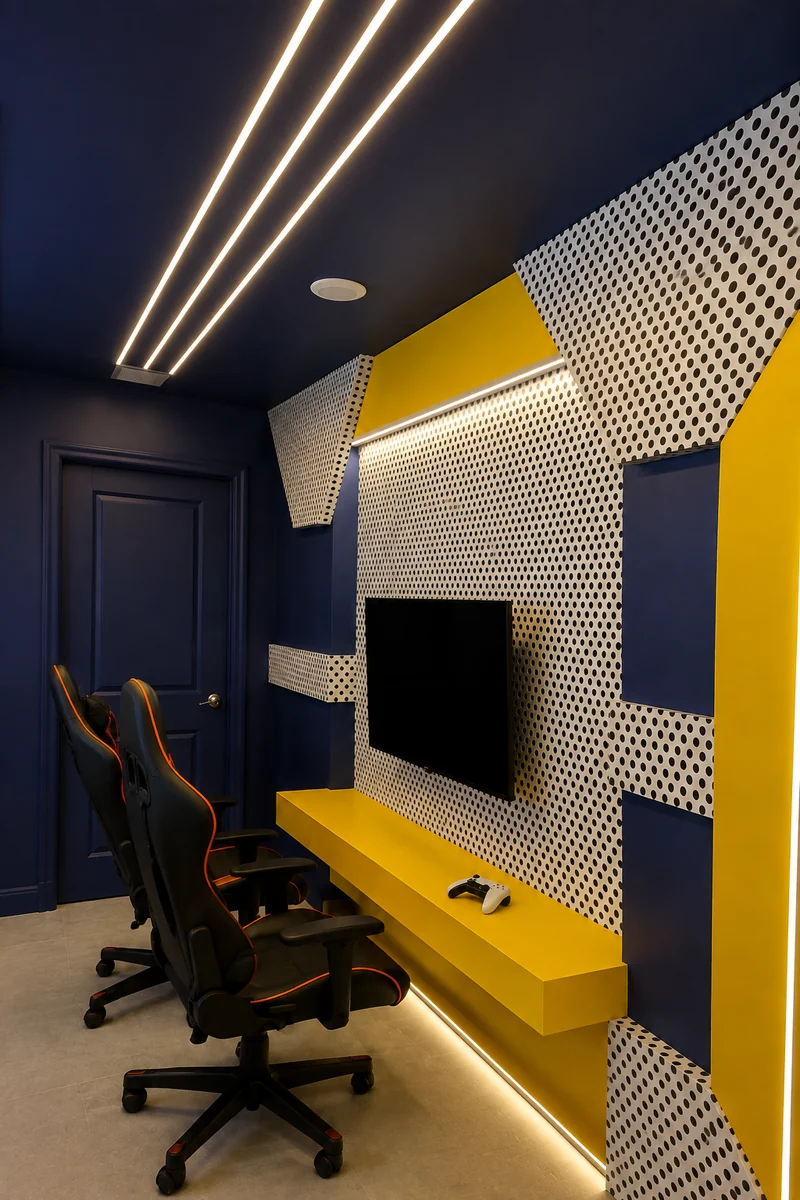 Three runs of linear LED across the ceiling, with a recessed downlight and the cove lighting above the built-in desk