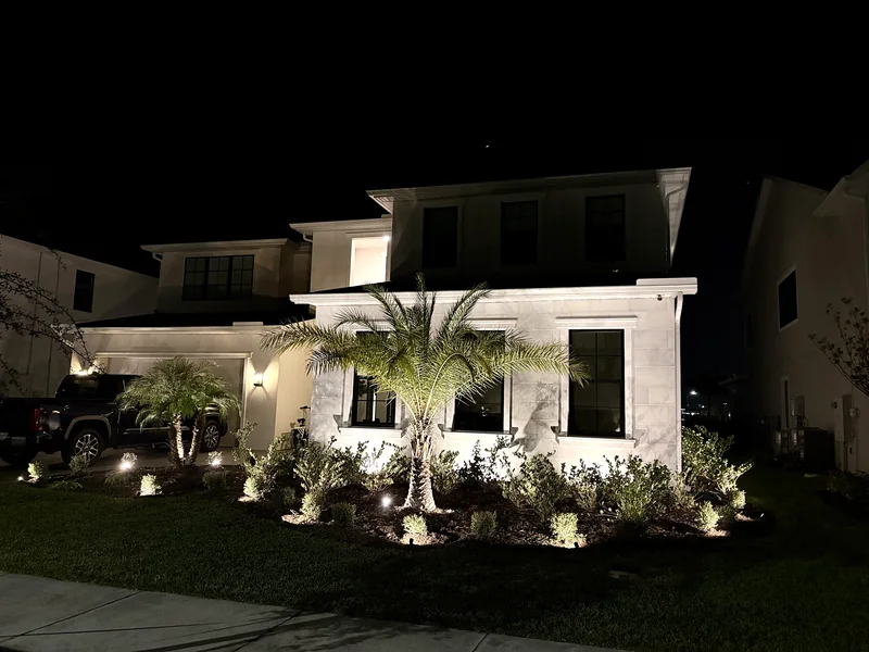 Palm uplit from the ground in front of a two-storey house, with the beds and the walkway lit